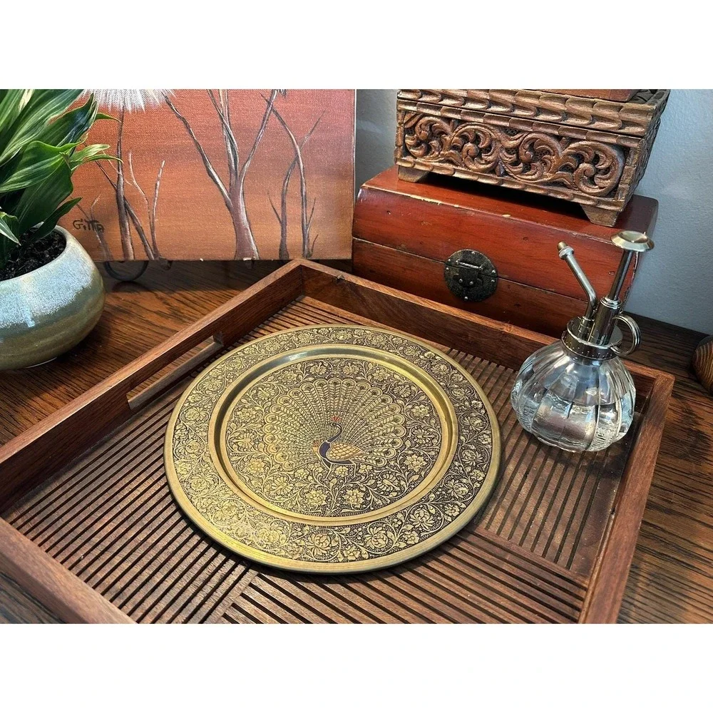 Vintage 9.5 Inch Brass Decorative Plate Hand-Engraved Peacock Design Wall Art